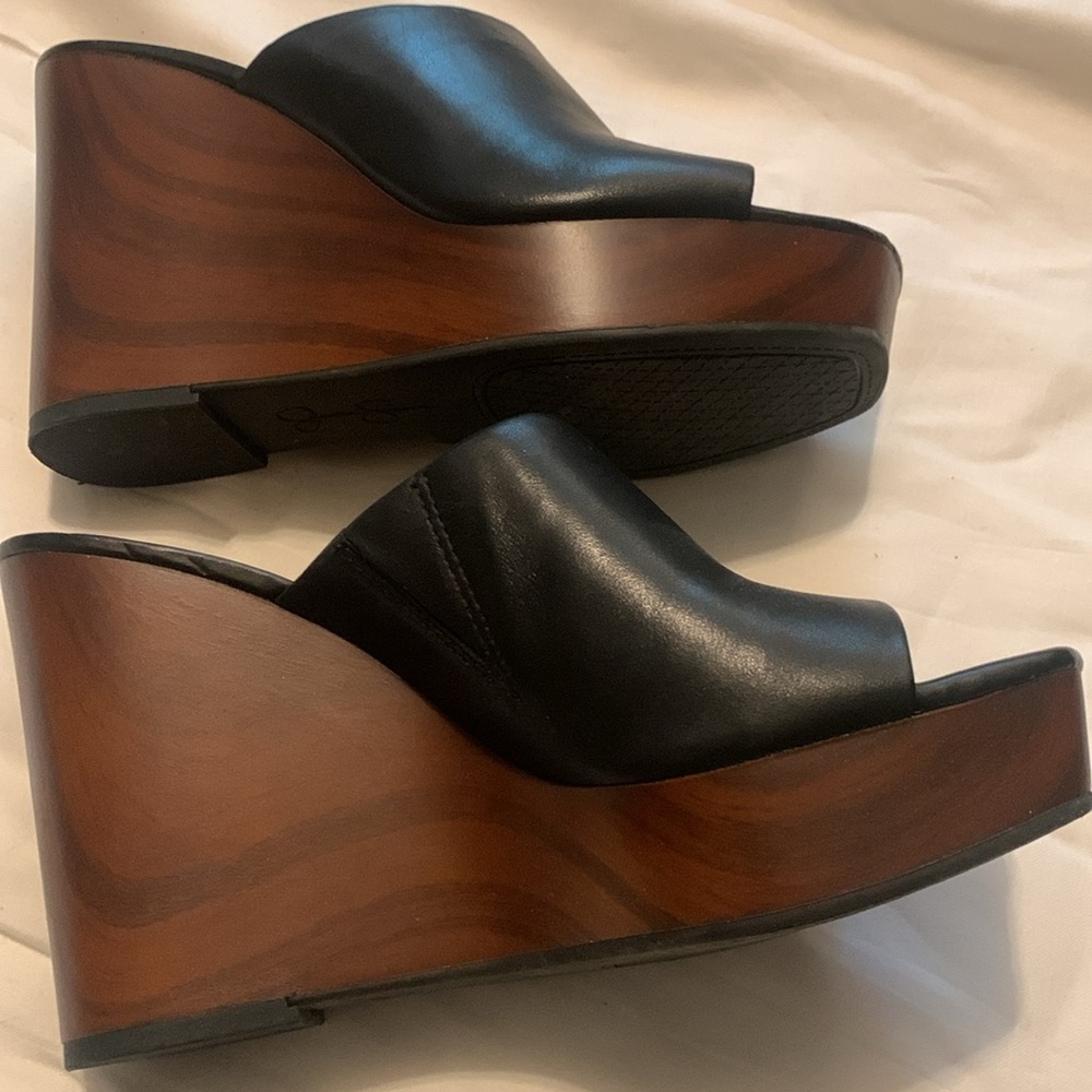 Jessica Simpson Black Leather Open-Toe Wedge Sandals with Wood-Effect Platform - Picture 10 of 11